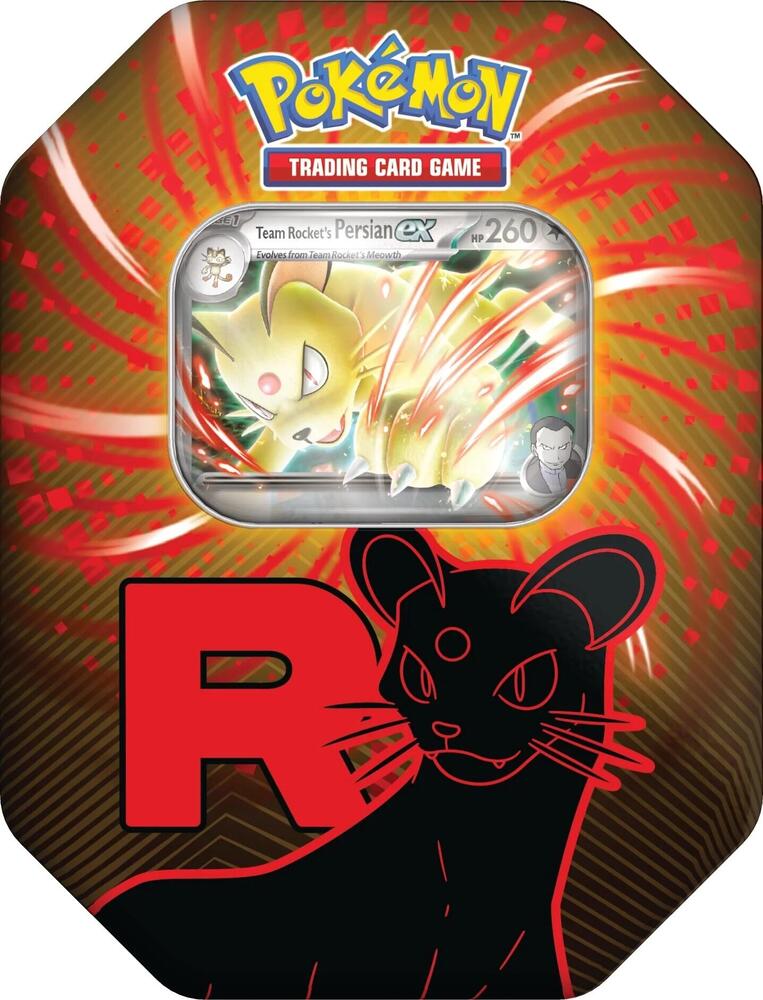 Pokemon TCG Team Rocket's Persian EX tin featuring Persian, red R, and trading card window
