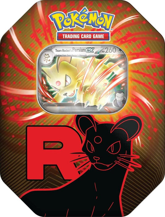 Pokemon TCG Team Rocket's Persian EX tin featuring Persian, red R, and trading card window