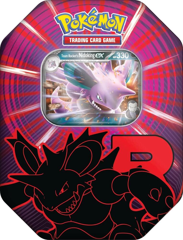 Pokemon Trading Card Game tin featuring Team Rocket’s Nidoking ex with vibrant red and purple design
