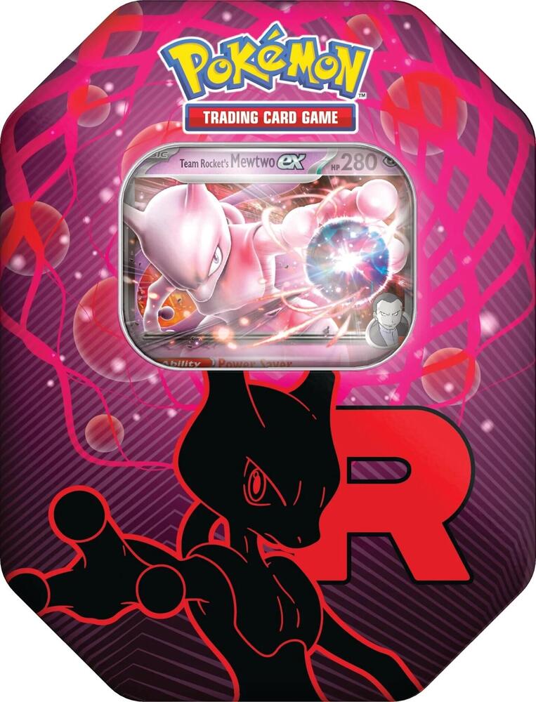 Pokemon trading card game tin featuring Team Rocket's Mewtwo EX collectible card