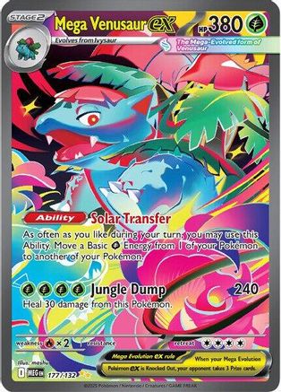 Mega Venusaur EX Pokémon card with vibrant artwork, HP 380, and Solar Transfer ability