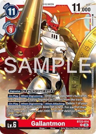 Gallantmon Digimon trading card with red and white armored character, sample text overlayed