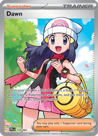 Dawn Trainer Supporter card featuring anime girl with bag, scarf, and hat from Pokemon TCG
