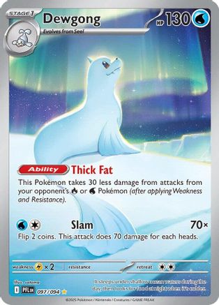 Dewgong Pokémon trading card with Thick Fat ability and Slam attack, blue icy background.