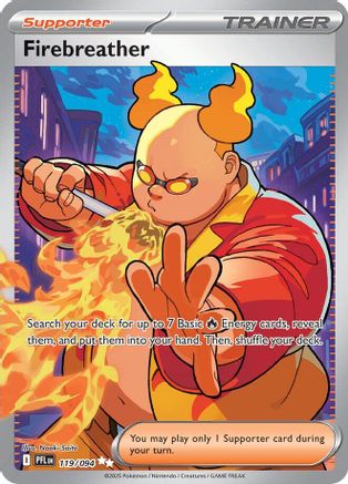 Pokemon card featuring Firebreather trainer supporter with fire effects and city background.