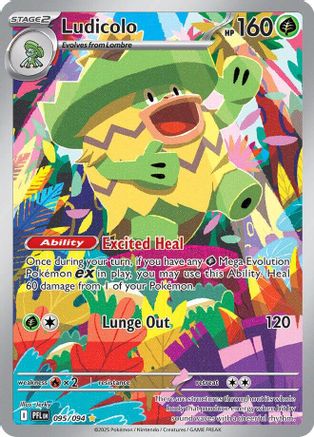 Ludicolo Pokémon trading card with colorful background, 160 HP, Excited Heal ability, card game.