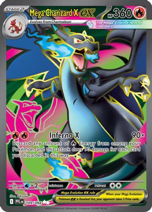 Mega Charizard X EX Pokémon card with vibrant artwork, fire element, and HP 360.