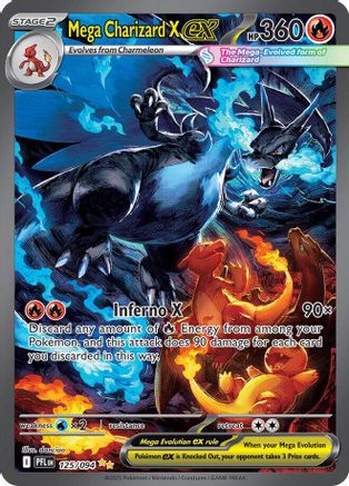 Mega Charizard X EX Pokémon trading card with dynamic artwork and Inferno X attack details.