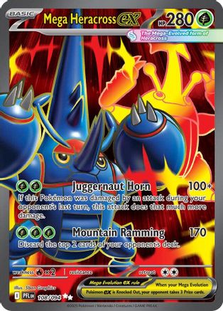 Mega Heracross EX Pokémon card with vibrant red and yellow background, showing attacks and stats.