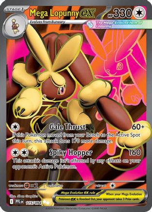 Mega Lopunny EX Pokémon card with vibrant artwork, stats and attack descriptions visible.