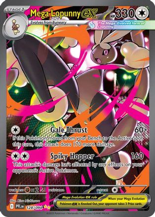 Mega Lopunny EX Pokémon card with colorful artwork and attack details visible.