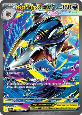 Mega Sharpedo EX Pokémon card with vibrant underwater artwork and attack details visible.