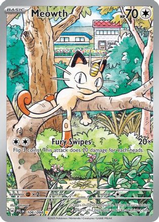 Pokemon Meowth trading card featuring Meowth on a tree with colorful background art.