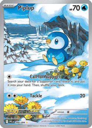 Piplup Pokémon trading card featuring Piplup in a snowy landscape with yellow flowers.