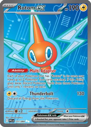 Rotom EX Pokémon card with holographic lightning background and card game stats visible