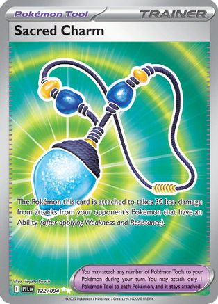 Pokémon Sacred Charm Trainer card featuring a blue and gold charm accessory on a radiant background.