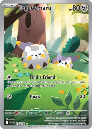 Togedemaru Pokémon card featuring two round, gray creatures in a bright forest setting.