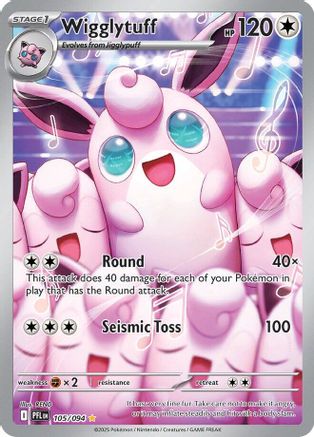 Wigglytuff Pokémon card featuring holographic design, musical notes, and vibrant colors.