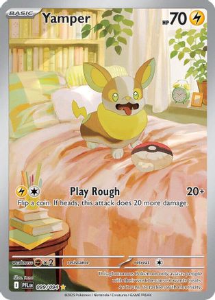Yamper Pokémon trading card featuring a playful dog in a cozy bedroom with sunlight and books