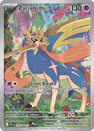 Zacian Pokémon card with colorful floral background, featuring Zacian in a dynamic pose.