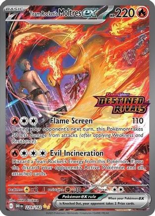 Team Rocket's Moltres EX Pokémon trading card with fiery artwork and attack stats, Destined Rivals set.