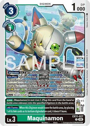 Digimon trading card featuring Maquinamon, a robotic cat with colorful accents and stat details.
