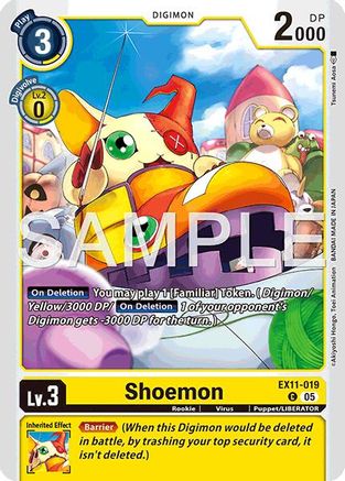 Shoemon Digimon card, yellow, Level 3 with playful character art and ability details.