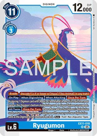Digimon card featuring Ryugumon, aquatic dragon design, blue background, trading card game.