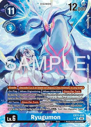 Digimon Ryugumon trading card with holographic dragon design, level 6, blue theme