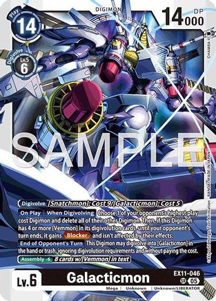 Galacticmon Digimon trading card featuring a robotic character with sci-fi details, EX11-046.
