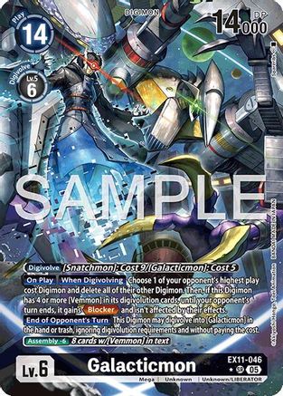 Galacticmon Digimon trading card with mech-like character, stats, and abilities displayed.