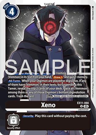 Digimon trading card Xeno EX11-066 featuring dark-clad anime character with glowing red eye