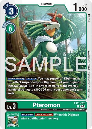 Pteromon Digimon trading card featuring a green bird-like creature with spread wings in a forest background.