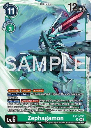 Digimon trading card featuring Zephagamon with vivid artwork and card stats visible