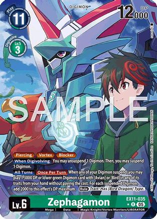 Digimon trading card featuring Zephagamon with armored creature and anime-style character art.