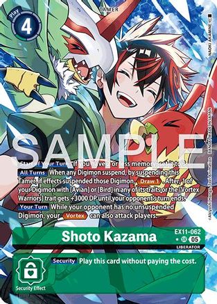 Digimon card featuring Shoto Kazama with colorful creatures, security effect text at bottom.