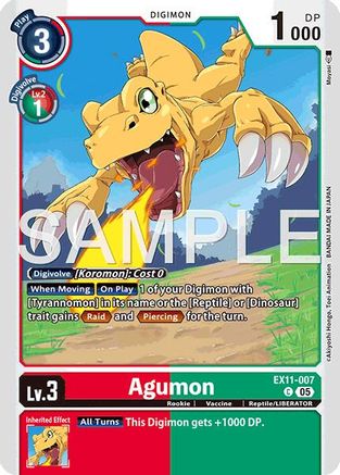 Digimon trading card featuring Agumon with yellow body, claws, and jungle background