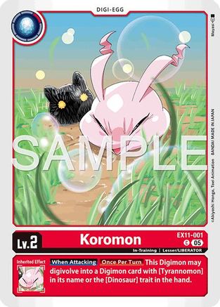 Koromon Digimon card featuring a pink creature in grass with bubbles, card game collectible.