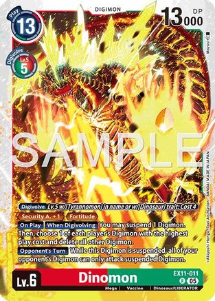 Dinomon Digimon card featuring a fiery dinosaur creature, card game collectible
