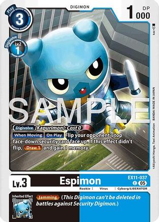 Espimon Digimon trading card featuring a blue robotic creature and game details