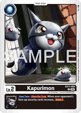 Kapurimon Digimon card featuring a cute, blue, fox-like creature in a digital card game format.