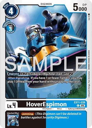 Digimon card featuring HoverEspimon, a blue and yellow robotic creature with mechanical arms.
