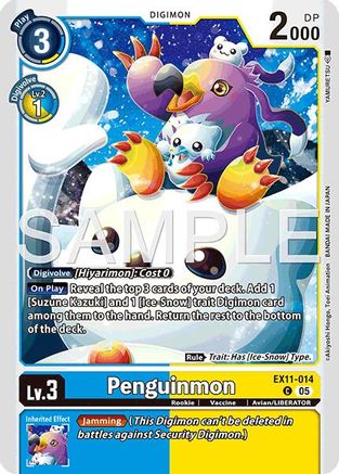 Penguinmon Digimon trading card featuring a cartoon penguin with colorful details, Level 3 Rookie.