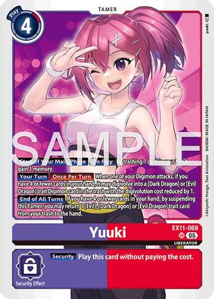 Yuuki Digimon trading card featuring an anime girl with pink hair and a confident pose.