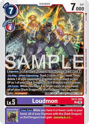 Digimon trading card featuring Loudmon with vivid digital artwork, stats, and effects text