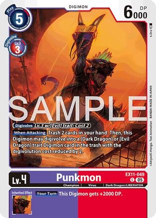 Digimon trading card featuring Punkmon, a dark dragon-themed creature with red background and gameplay stats.