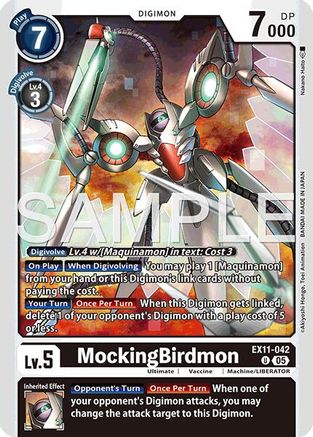 MockingBirdmon Digimon trading card featuring a mechanical bird with game stats and abilities.