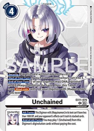Digimon card game tamer card featuring anime character with silver hair and blue eyes, titled Unchained.