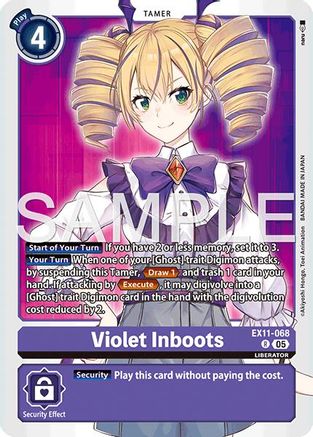 Digimon trading card featuring Violet Inboots, anime girl with blonde twin tails and purple outfit.