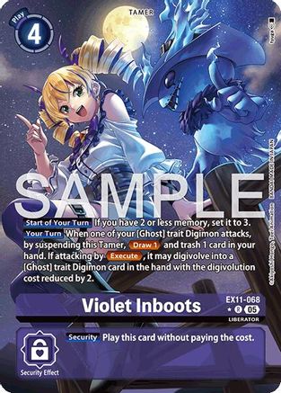 Digimon card featuring anime girl with blue ghostly creature, labeled Violet Inboots, Tamer type.